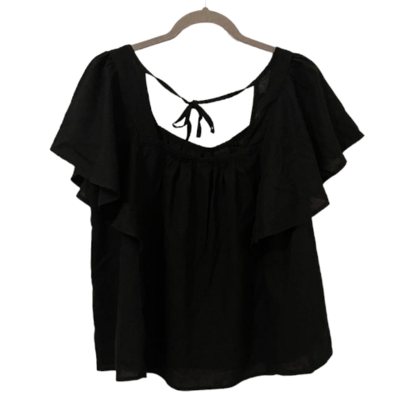 Black Old Navy Women's Flutter-Sleeve Linen-Blend Swing Blouse - Picture 2 of 7